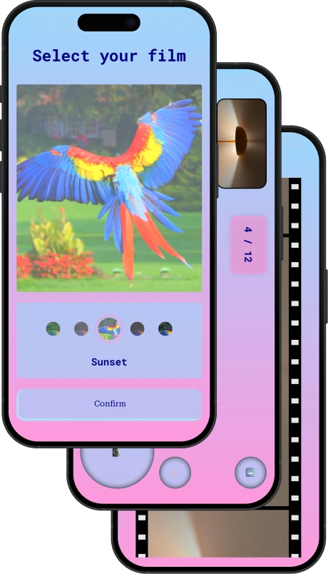 Three phones cascading across each other showcasing different screens within the app.